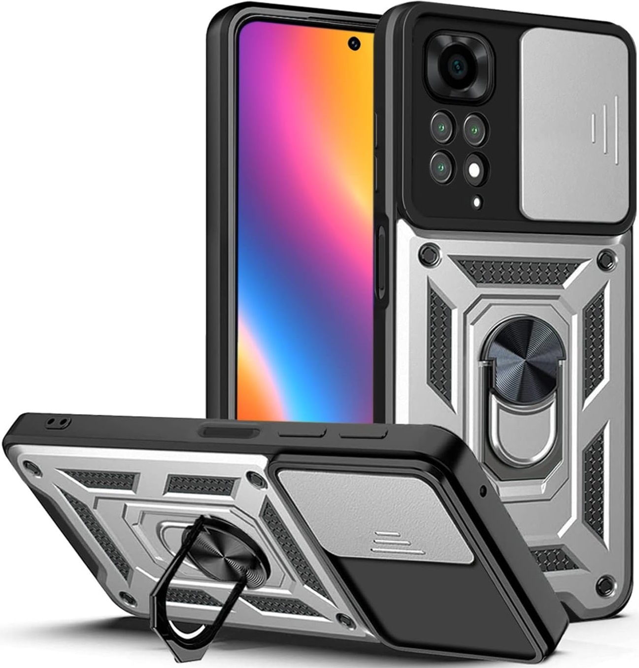 Bodycell Armor Slide - Ανθεκτική Θήκη Xiaomi Redmi Note 11 Pro / Redmi Note 12 Pro 4G με Κάλυμμα για την Κάμερα & Μεταλλικό Ring Holder - Silver