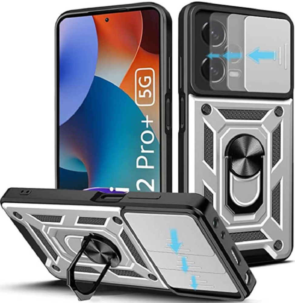 Bodycell Armor Slide - Ανθεκτική Θήκη Xiaomi Redmi Note 12 Pro Plus με Κάλυμμα για την Κάμερα & Μεταλλικό Ring Holder - Silver