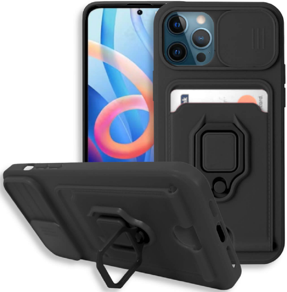 Bodycell Multifunction - Ανθεκτική Θήκη Apple iPhone 12 / 12 Pro με Λουράκι Λαιμού / Κάλυμμα Κάμερας / Ring Holder / Υποδοχή Κάρτας - Black