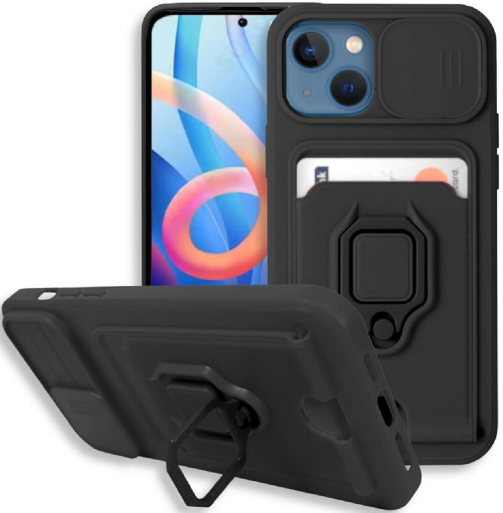 Bodycell Multifunction - Ανθεκτική Θήκη Apple iPhone 13 με Λουράκι Λαιμού / Κάλυμμα Κάμερας / Ring Holder / Υποδοχή Κάρτας - Black