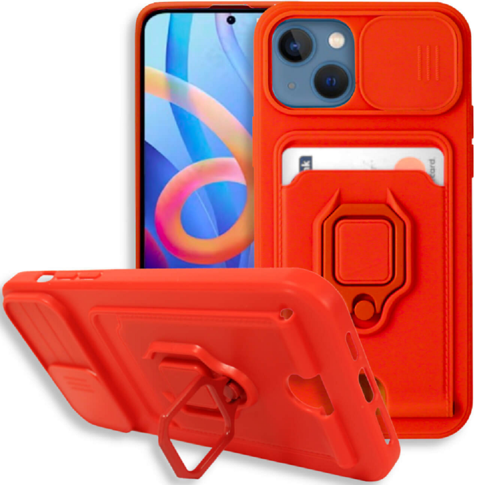 Bodycell Multifunction - Ανθεκτική Θήκη Apple iPhone 13 με Λουράκι Λαιμού / Κάλυμμα Κάμερας / Ring Holder / Υποδοχή Κάρτας - Red