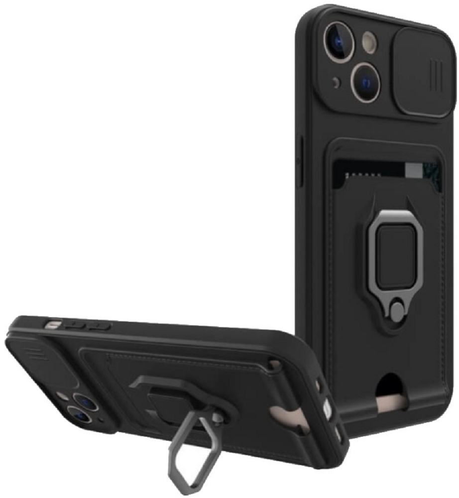 Bodycell Multifunction - Ανθεκτική Θήκη Apple iPhone 14 με Λουράκι Λαιμού / Κάλυμμα Κάμερας / Ring Holder / Υποδοχή Κάρτας - Black