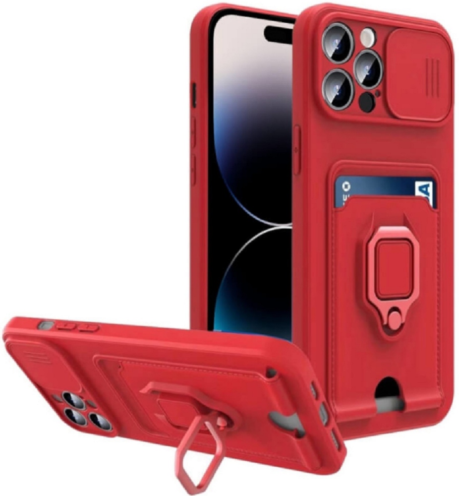 Bodycell Multifunction - Ανθεκτική Θήκη Apple iPhone 14 Pro Max με Λουράκι Λαιμού / Κάλυμμα Κάμερας / Ring Holder / Υποδοχή Κάρτας - Red