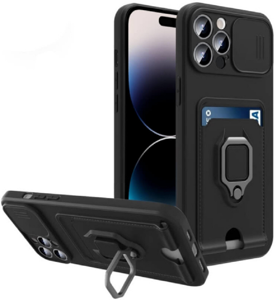 Bodycell Multifunction - Ανθεκτική Θήκη Apple iPhone 14 Pro με Λουράκι Λαιμού / Κάλυμμα Κάμερας / Ring Holder / Υποδοχή Κάρτας - Black