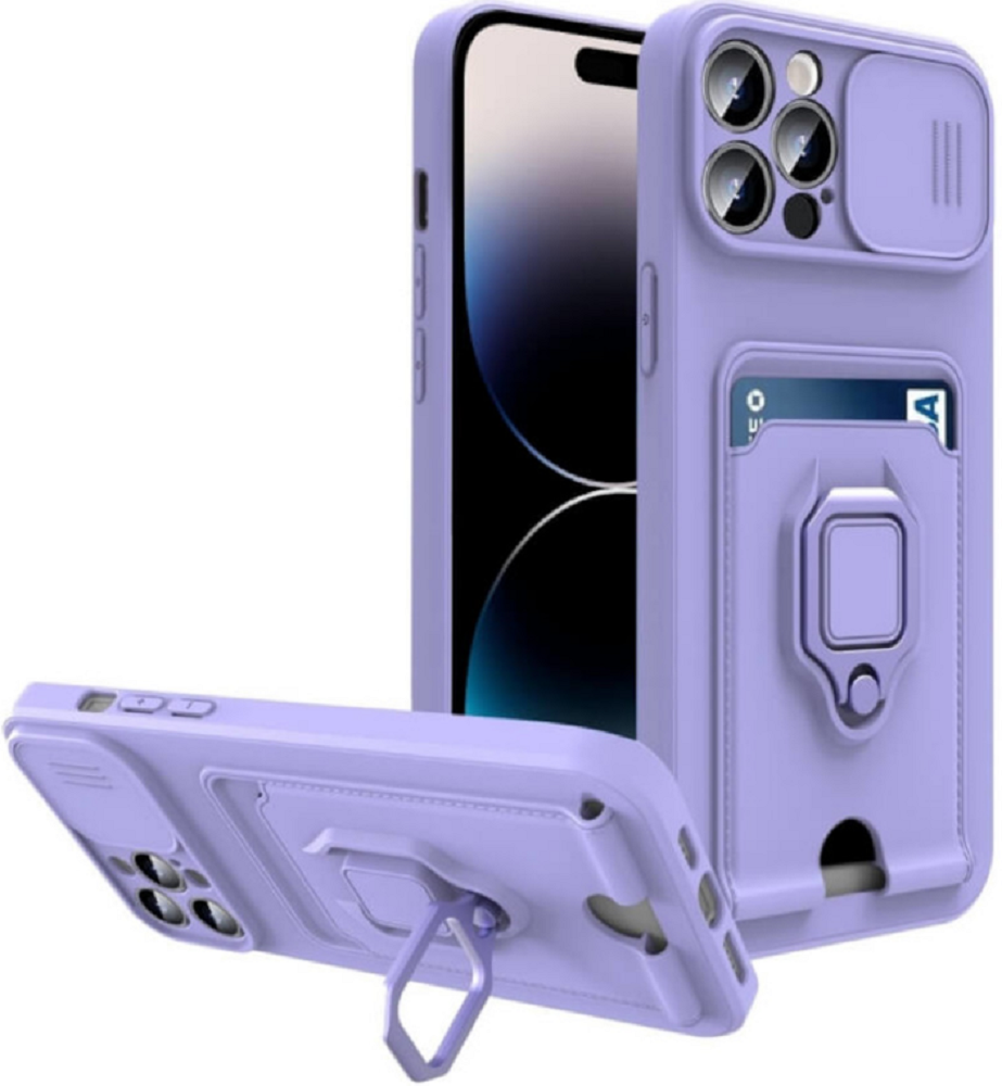 Bodycell Multifunction - Ανθεκτική Θήκη Apple iPhone 14 Pro με Λουράκι Λαιμού / Κάλυμμα Κάμερας / Ring Holder / Υποδοχή Κάρτας - Purple