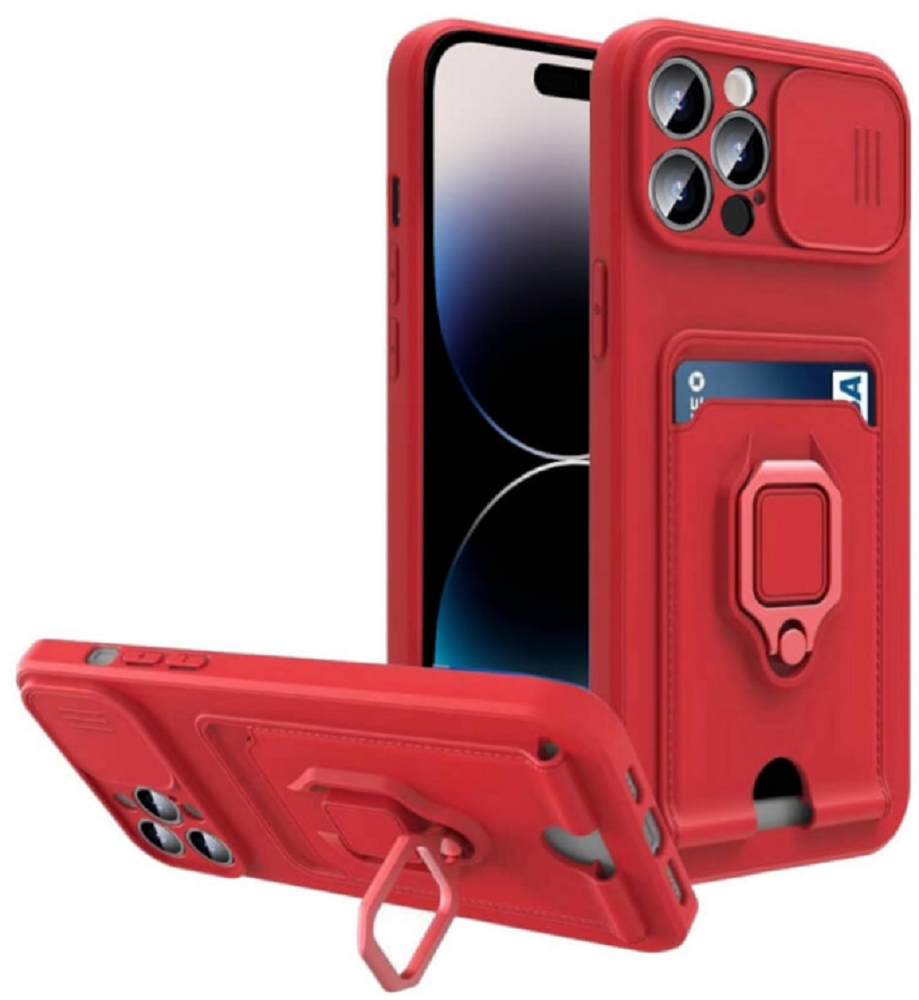 Bodycell Multifunction - Ανθεκτική Θήκη Apple iPhone 14 Pro με Λουράκι Λαιμού / Κάλυμμα Κάμερας / Ring Holder / Υποδοχή Κάρτας - Red