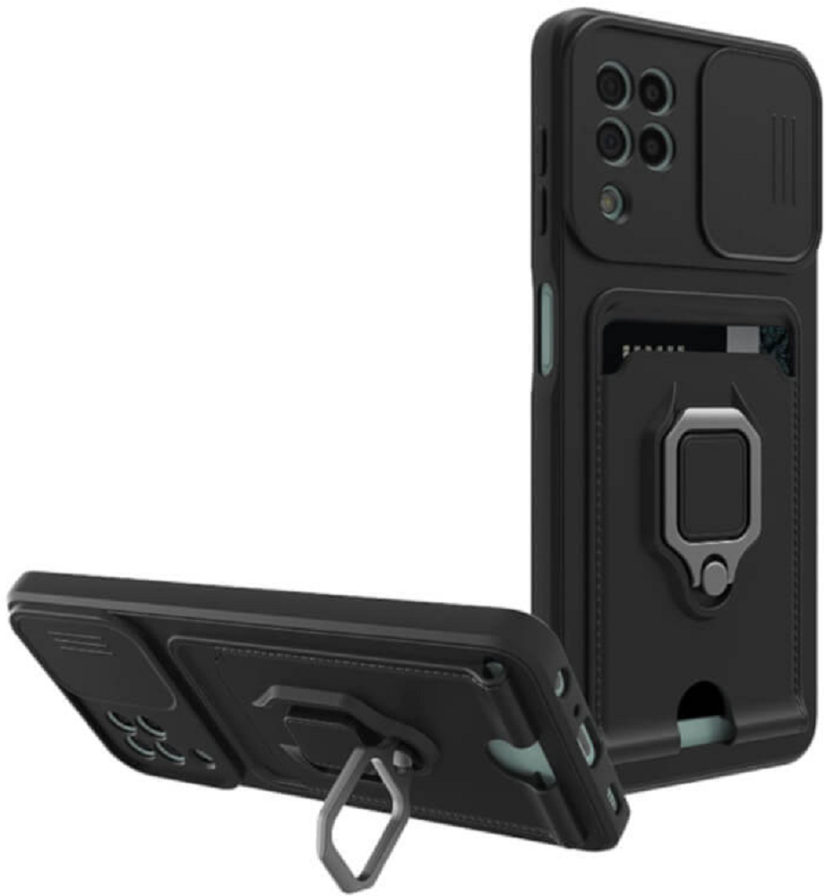 Bodycell Multifunction - Ανθεκτική Θήκη Samsung Galaxy A12 με Λουράκι Λαιμού / Κάλυμμα Κάμερας / Ring Holder / Υποδοχή Κάρτας - Black