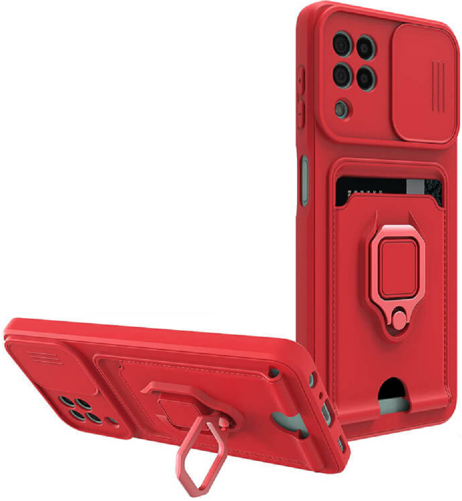 Bodycell Multifunction - Ανθεκτική Θήκη Samsung Galaxy A12 με Λουράκι Λαιμού / Κάλυμμα Κάμερας / Ring Holder / Υποδοχή Κάρτας - Red