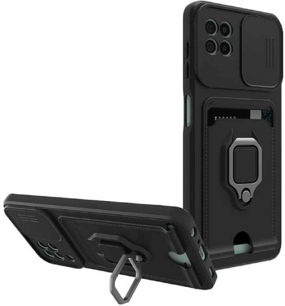 Bodycell Multifunction - Ανθεκτική Θήκη Samsung Galaxy A22 5G με Λουράκι Λαιμού / Κάλυμμα Κάμερας / Ring Holder / Υποδοχή Κάρτας - Black 