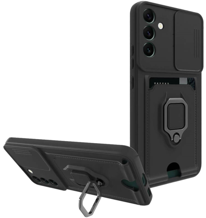 Bodycell Multifunction - Ανθεκτική Θήκη Samsung Galaxy A14 με Λουράκι Λαιμού / Κάλυμμα Κάμερας / Ring Holder / Υποδοχή Κάρτας - Black (5206015012679)