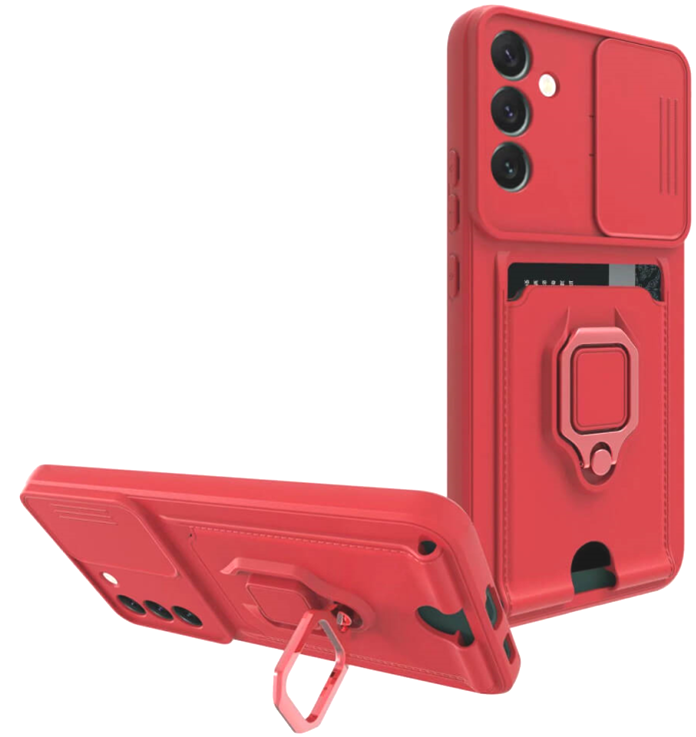 Bodycell Multifunction - Ανθεκτική Θήκη Samsung Galaxy A14 με Λουράκι Λαιμού / Κάλυμμα Κάμερας / Ring Holder / Υποδοχή Κάρτας - Red (5206015012693)