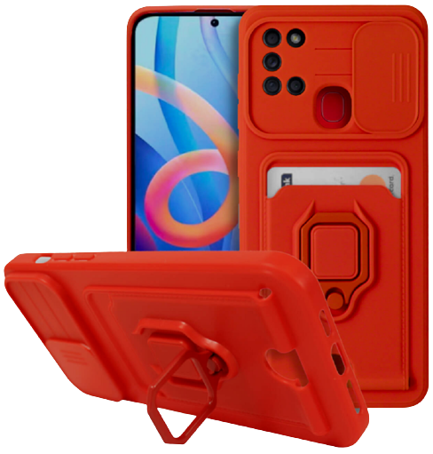 Bodycell Multifunction - Ανθεκτική Θήκη Samsung Galaxy A21s με Λουράκι Λαιμού / Κάλυμμα Κάμερας / Ring Holder / Υποδοχή Κάρτας - Red (5206015012037)
