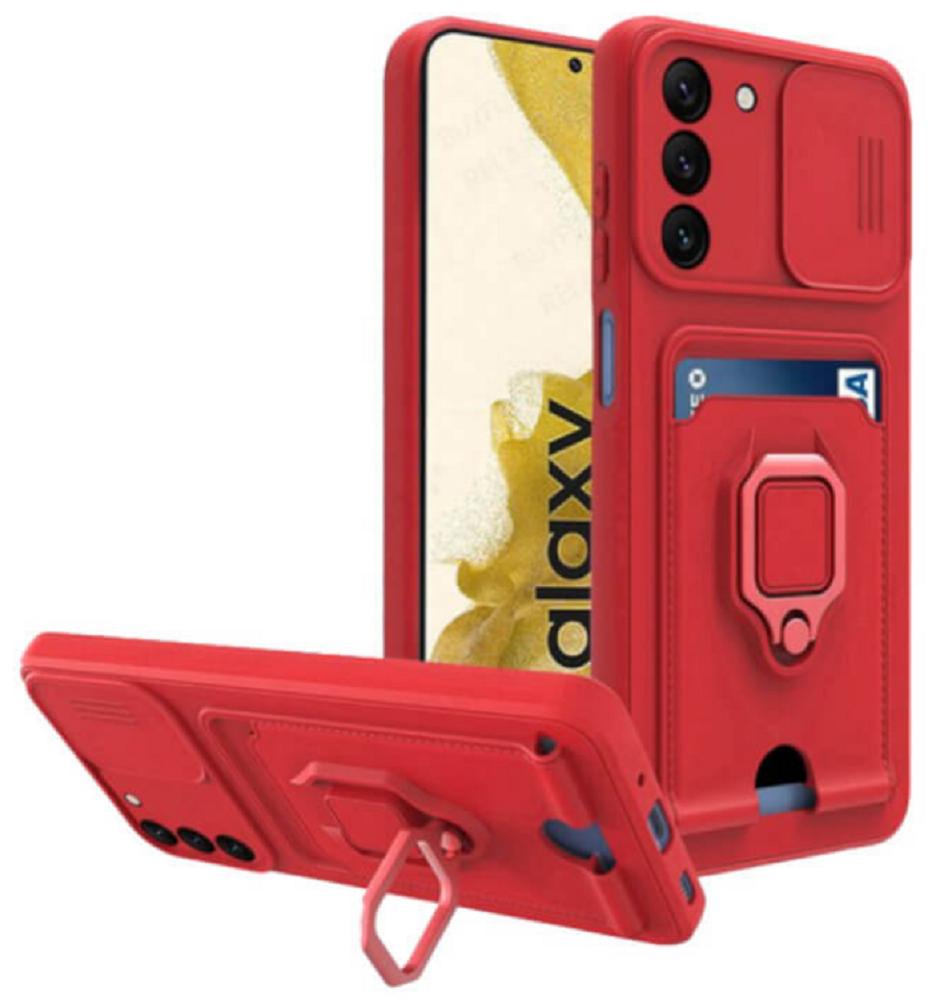 Bodycell Multifunction - Ανθεκτική Θήκη Samsung Galaxy S22 5G με Λουράκι Λαιμού / Κάλυμμα Κάμερας / Ring Holder / Υποδοχή Κάρτας - Red 