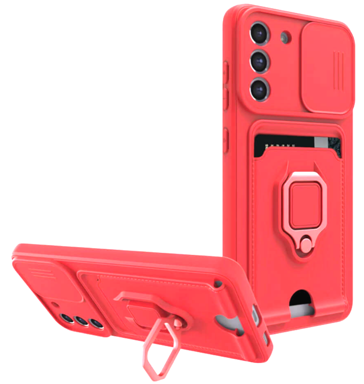 Bodycell Multifunction - Ανθεκτική Θήκη Samsung Galaxy S21 FE 5G με Λουράκι Λαιμού / Κάλυμμα Κάμερας / Ring Holder / Υποδοχή Κάρτας - Red