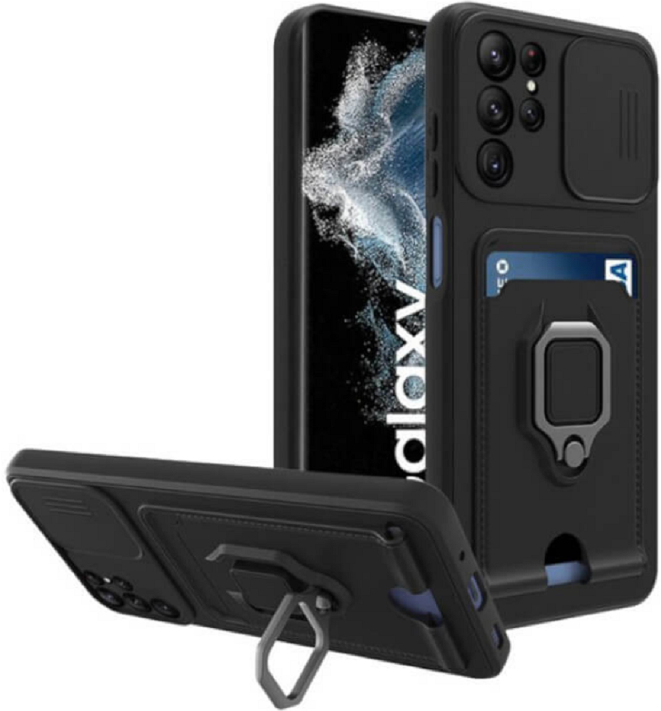 Bodycell Multifunction - Ανθεκτική Θήκη Samsung Galaxy S22 Ultra 5G με Λουράκι Λαιμού / Κάλυμμα Κάμερας / Ring Holder / Υποδοχή Κάρτας - Black