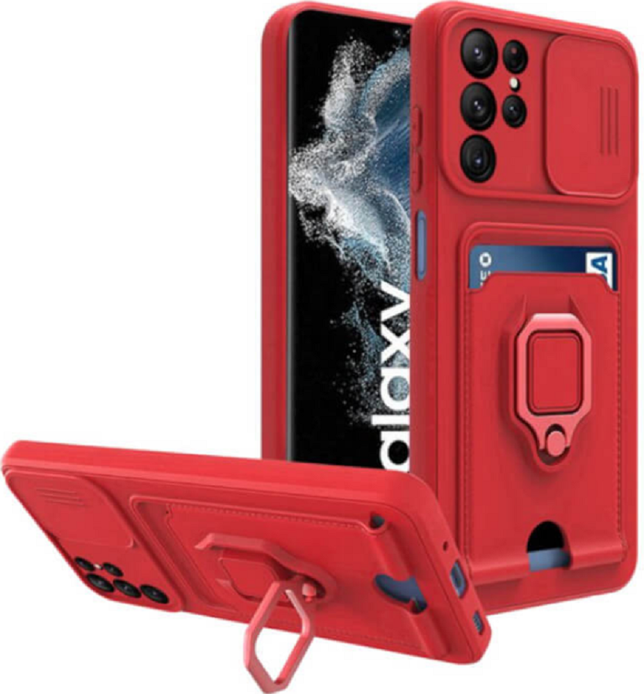 Bodycell Multifunction - Ανθεκτική Θήκη Samsung Galaxy S22 Ultra 5G με Λουράκι Λαιμού / Κάλυμμα Κάμερας / Ring Holder / Υποδοχή Κάρτας - Red