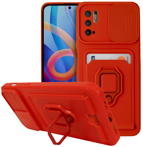 Bodycell Multifunction - Ανθεκτική Θήκη Xiaomi Poco M3 Pro 5G με Λουράκι Λαιμού / Κάλυμμα Κάμερας / Ring Holder / Υποδοχή Κάρτας - Red