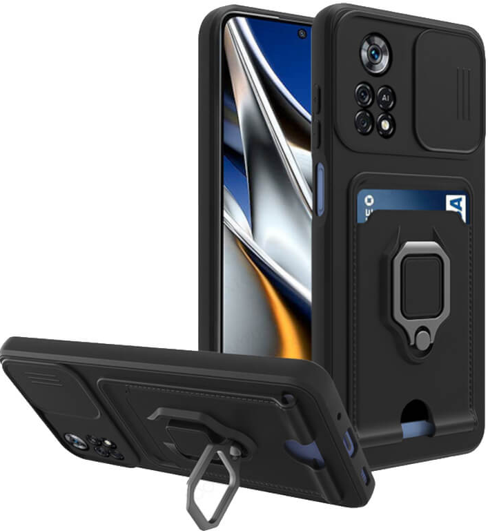 Bodycell Multifunction - Ανθεκτική Θήκη Xiaomi Poco X4 Pro 5G με Λουράκι Λαιμού / Κάλυμμα Κάμερας / Ring Holder / Υποδοχή Κάρτας - Black (5206015015632)