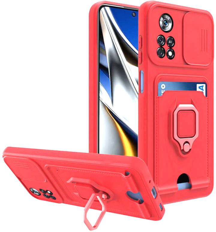 Bodycell Multifunction - Ανθεκτική Θήκη Xiaomi Poco X4 Pro 5G με Λουράκι Λαιμού / Κάλυμμα Κάμερας / Ring Holder / Υποδοχή Κάρτας - Red