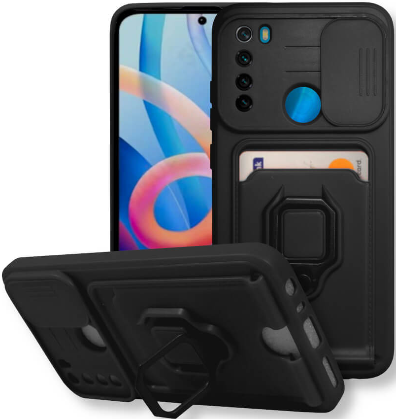 Bodycell Multifunction - Ανθεκτική Θήκη Xiaomi Redmi Note 8 / Note 8 2021 με Λουράκι Λαιμού / Κάλυμμα Κάμερας / Ring Holder / Υποδοχή Κάρτας - Black
