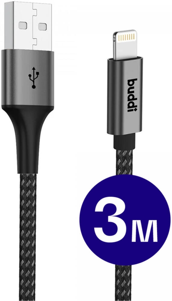 Buddi Flex - Καλώδιο Φόρτισης και Μεταφοράς Δεδομένων USB-A σε Lightning - 300cm - 12W - Black - 5 Έτη Εγγύηση (8719246446139)