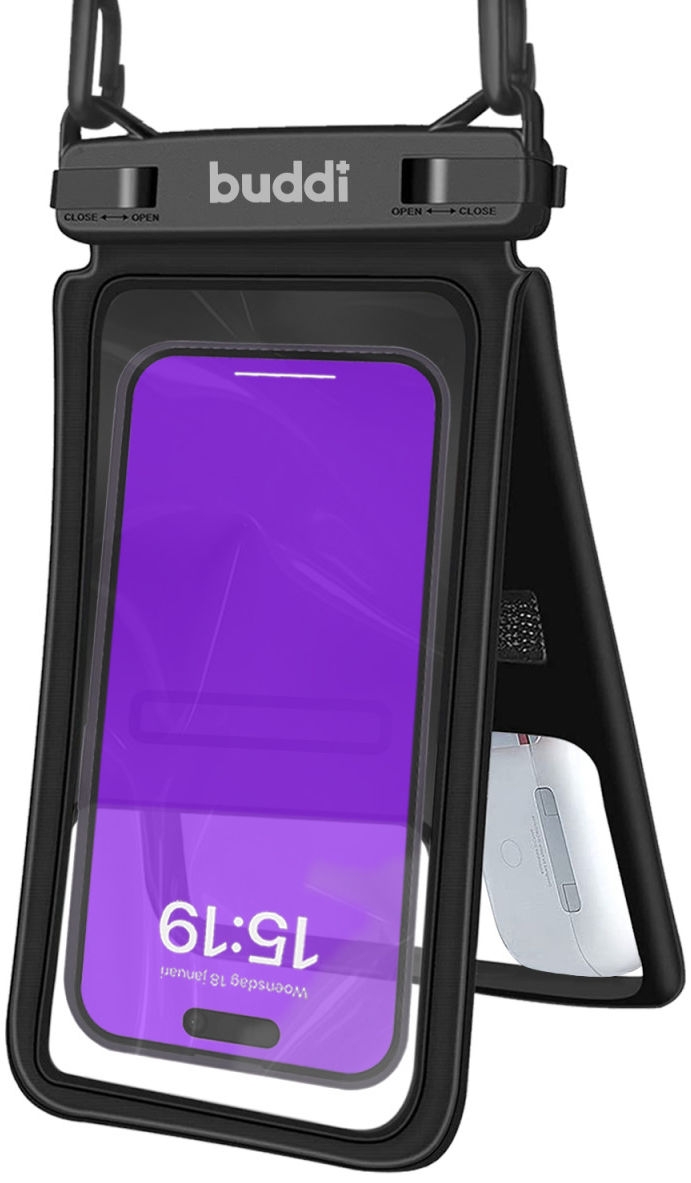Buddi Universal Waterproof Protective Duo Case - Διπλή Αδιάβροχη Θήκη για Κινητά 15 x 6 cm με Λουράκι Λαιμού - IPX8 - Black - 5 Έτη Εγγύηση