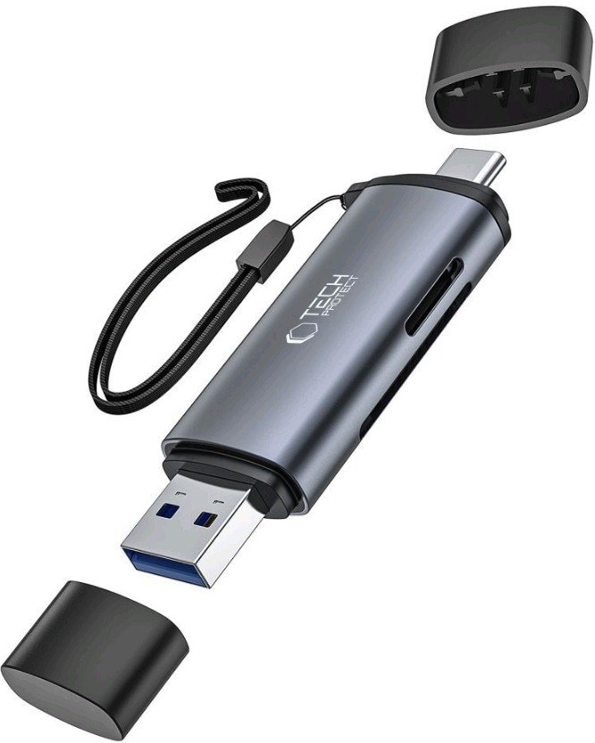 Card Reader Tech-Protect Ultraboost USB-A / Type-C Αναγνώστης Καρτών SD & MicroSD με Λουράκι Χειρός Grey
