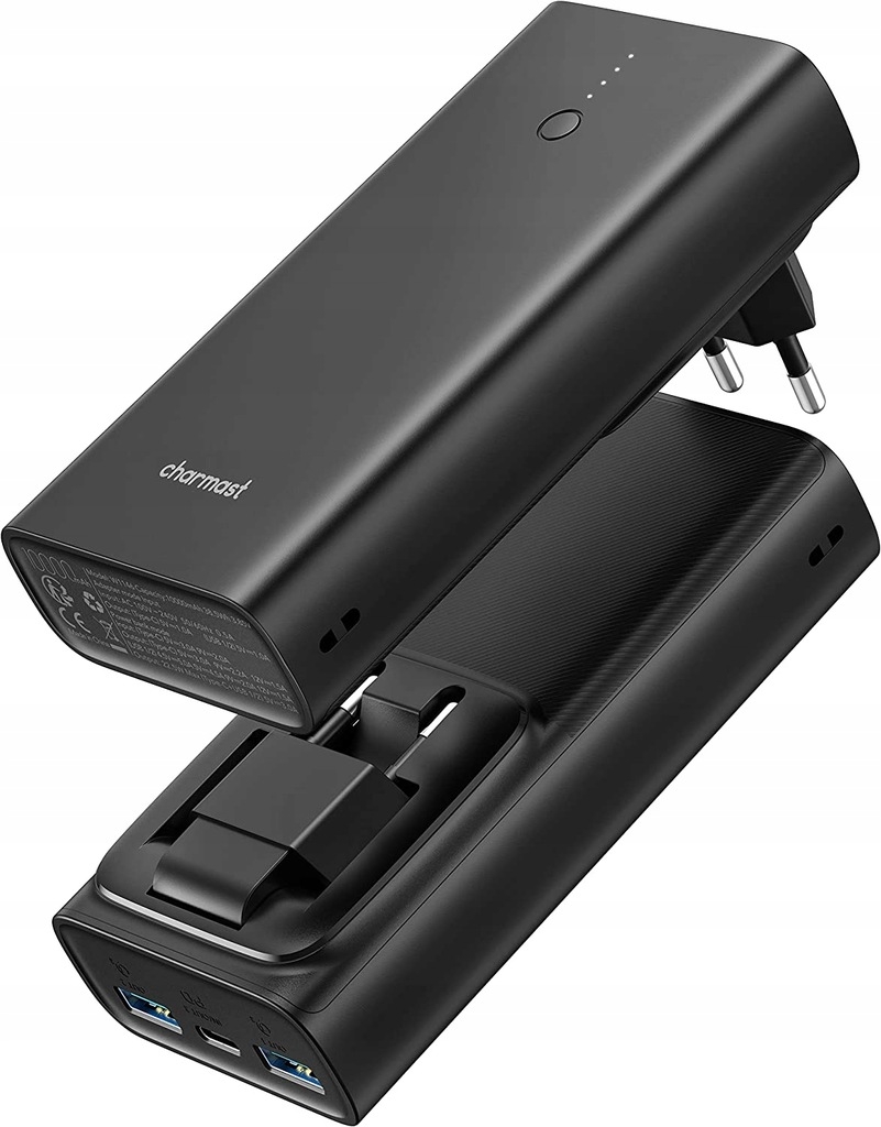 Charmast PowerBank & Wall Adapter C1146L - Φορητή Μπαταρία Φόρτισης 10.000mAh / Φορτιστής Τοίχου με 2 x USB-Α / 1 x Type-C - 20W - Black