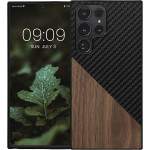 KWmobile Wood and Carbon Fiber - Σκληρή Ξύλινη Θήκη με TPU Bumper και Ανθρακονήματα - Samsung Galaxy S23 Ultra - Dark Brown / Black / Walnut (60506.01)