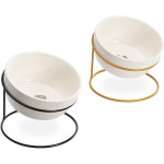 Navaris Elevated Feeding Bowls with Iron Holder - Σετ με 2 Ανυψωμένα Κεραμικά Μπολ Φαγητού και Νερού σε Μεταλλικές Βάσεις για Κατοικίδια - 600ml - Black / Gold (55984.01)