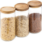 Navaris Glass Storage Jars 950ml Set of 3 - Σετ 3 Στρογγυλά Γυάλινα Βάζα Αποθήκευσης με Καπάκι από Ξύλο Ακακίας - 950ml - Clear (54492.01.03)