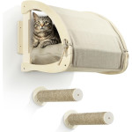 Navaris Wall-Mounted Cat Hideout - Σετ Επιτοίχιο Κρεβάτι / Κρησφύγετο / Αιώρα με Μαξιλάρι για Γάτες με 2 Σκαλοπάτια από Ξύλο Πεύκου & Ύφασμα Λινό - 43 x 39 x 40 cm - Beige (61950.11)