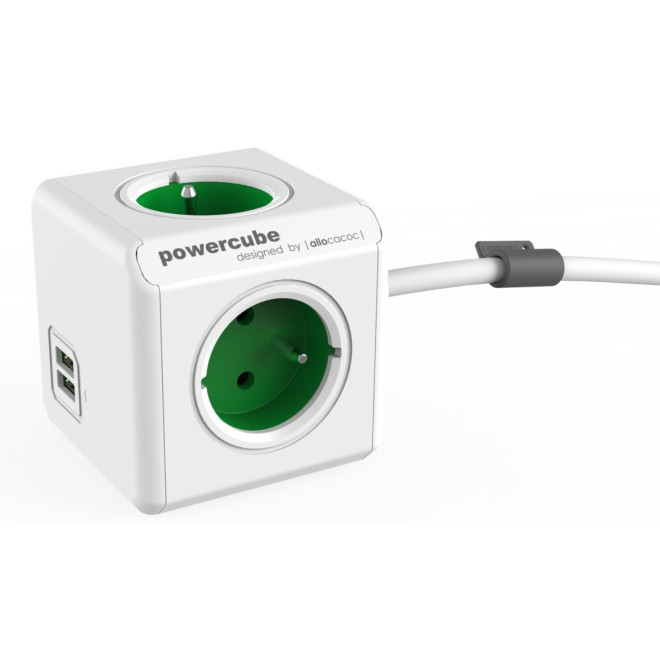 Allocacoc PowerCube Extended USB - Πολύπριζο με 4 Υποδοχές 3680W & Καλώδιο 150cm - 2 x USB-A - 10.5W - Kelly Green - 2 Έτη Εγγύηση