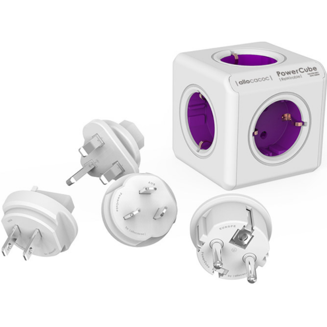 Allocacoc PowerCube Rewirable - Πολύπριζο με 5 Υποδοχές Type-F 2500W / 4 Βύσματα US/JP / EU / UK / AU/CN - Orchid Purple - 2 Έτη Εγγύηση