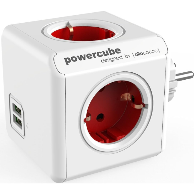 Allocacoc PowerCube Original USB - Πολύπριζο με 4 Υποδοχές Type-F 3680W - 2 x USB-A 10.5W - Boston Red - 2 Έτη Εγγύηση
