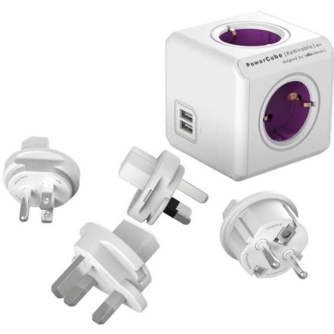 Allocacoc PowerCube Rewirable USB - Πολύπριζο με 4 Υποδοχές Type-F 1500W / 4 Βύσματα US/JP / EU / UK / AU/CN / 2 x USB-A 10.5W - Orchid Purple - 2 Έτη Εγγύηση