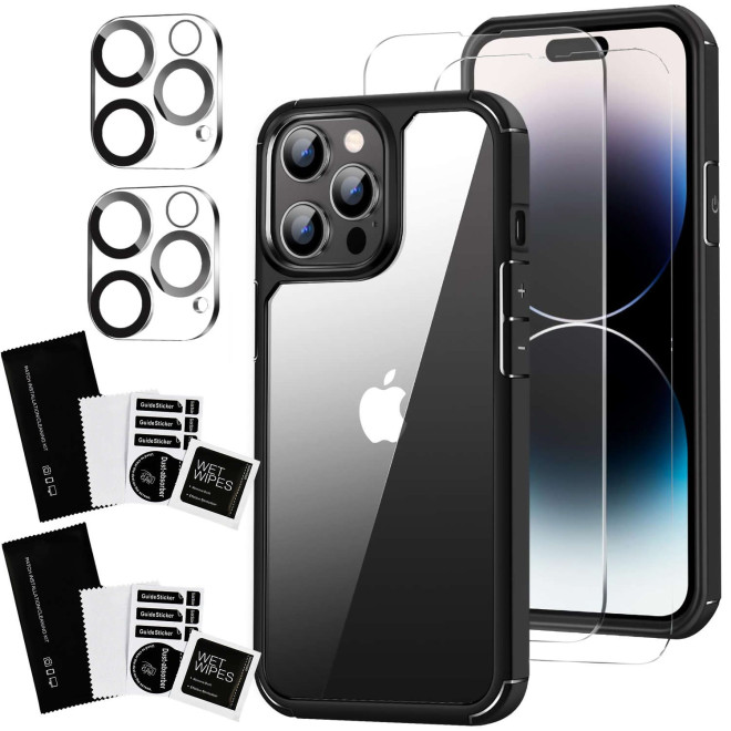 Alogy Hybrid Armored - Σετ με 1 x Διάφανη Σκληρή Θήκη / 2 x Tempered Glass Οθόνης / 2 x Tempered Glass για Φακό Κάμερας - Apple iPhone 14 Pro Max - Black / Transparent