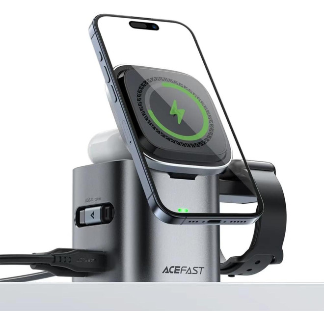 Ασύρματος Φορτιστής Acefast Z9 6in1 GaN MagSafe για iPhone 15W / EarBuds TWS 5W / Apple Watch 2.5W με Καλώδιο Type-C 60W & 1 x Type-C 65W / 1 x USB-A 18W Metal Grey