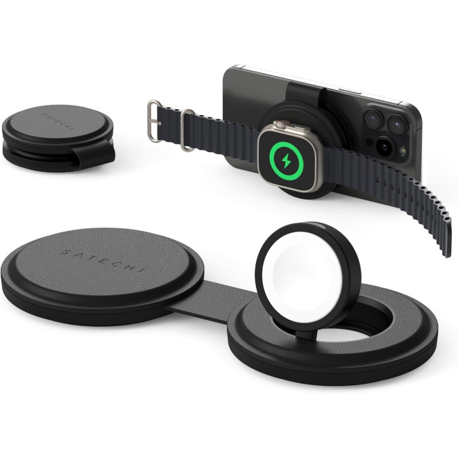 Ασύρματος Φορτιστής Satechi OntheGo 2 in 1 Charger Μαγνητική Βάση MagSafe / Qi2 για iPhone 15W / Apple Watch 5W Black