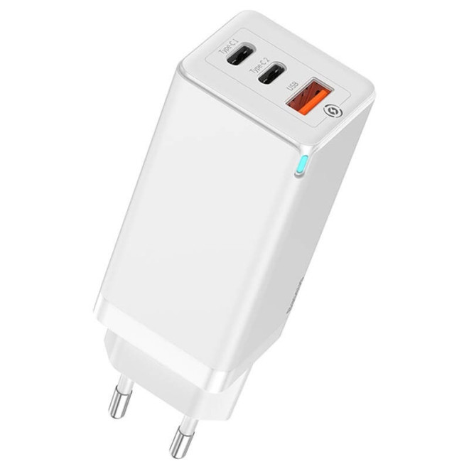 Baseus GaN - Φορτιστής Ταξιδιού Με Type-C x2 / USB-A x1 - 65W - White 