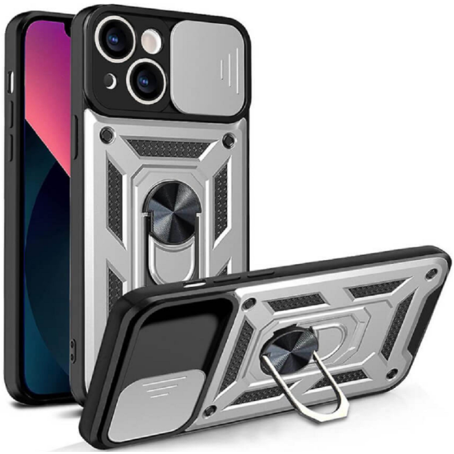 Bodycell Armor Slide - Ανθεκτική Θήκη Apple iPhone 13 με Κάλυμμα για την Κάμερα & Μεταλλικό Ring Holder - Silver