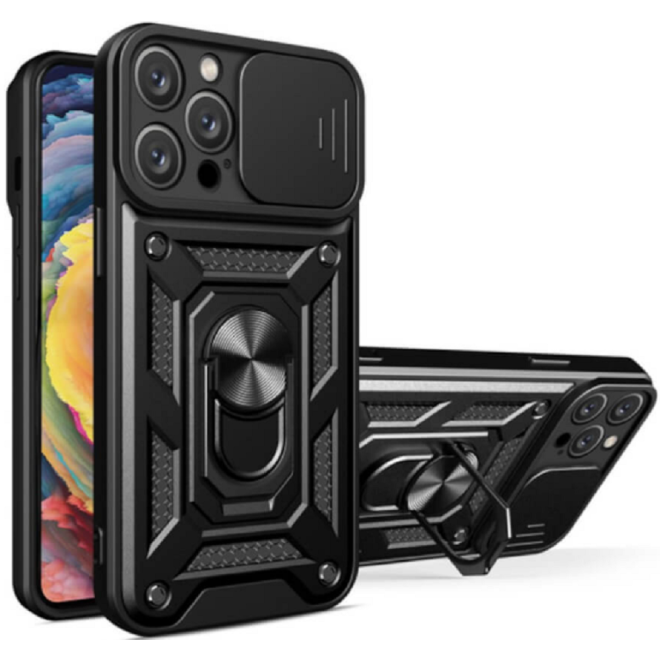 Bodycell Armor Slide - Ανθεκτική Θήκη Apple iPhone 14 Pro Max με Κάλυμμα για την Κάμερα & Μεταλλικό Ring Holder - Black