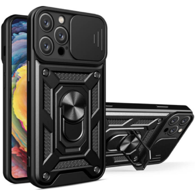 Bodycell Armor Slide - Ανθεκτική Θήκη Apple iPhone 14 Pro με Κάλυμμα για την Κάμερα & Μεταλλικό Ring Holder - Black