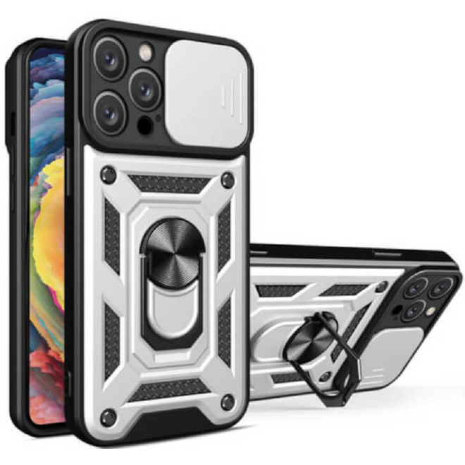Bodycell Armor Slide - Ανθεκτική Θήκη Apple iPhone 14 Pro με Κάλυμμα για την Κάμερα & Μεταλλικό Ring Holder - Silver