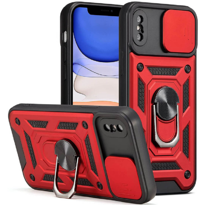 Bodycell Armor Slide - Ανθεκτική Θήκη Apple iPhone X / XS με Κάλυμμα για την Κάμερα & Μεταλλικό Ring Holder - Red