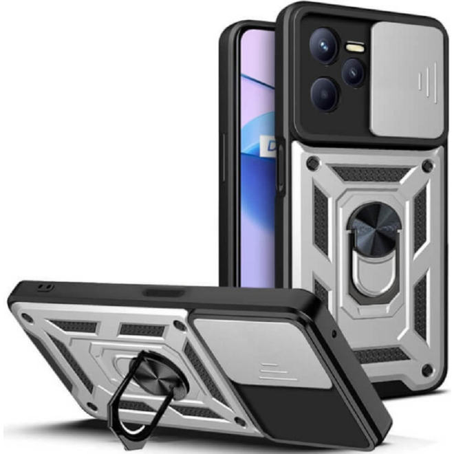 Bodycell Armor Slide - Ανθεκτική Θήκη Realme C35 με Κάλυμμα για την Κάμερα & Μεταλλικό Ring Holder - Silver