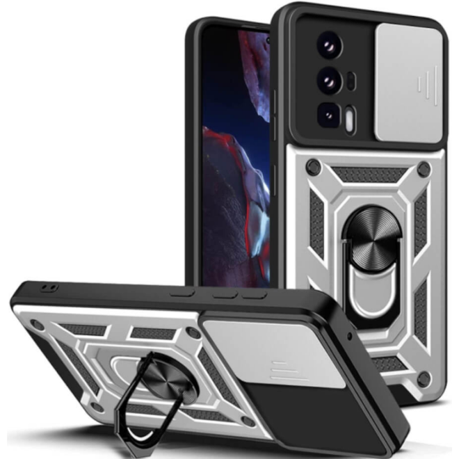 Bodycell Armor Slide - Ανθεκτική Θήκη Xiaomi Poco F5 Pro με Κάλυμμα για την Κάμερα & Μεταλλικό Ring Holder - Silver