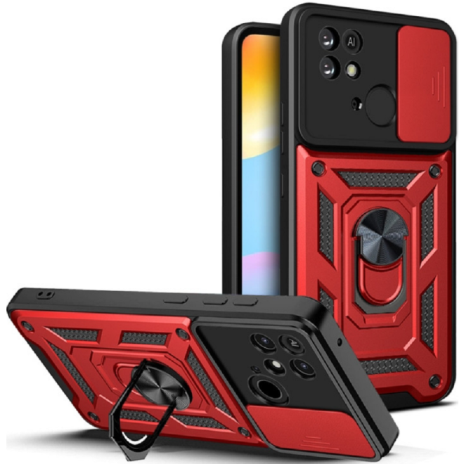 Bodycell Armor Slide - Ανθεκτική Θήκη Xiaomi Redmi 10C με Κάλυμμα για την Κάμερα & Μεταλλικό Ring Holder - Red