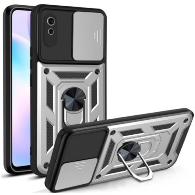 Bodycell Armor Slide - Ανθεκτική Θήκη Xiaomi Redmi 9Α / 9AT / 9i με Κάλυμμα για την Κάμερα & Μεταλλικό Ring Holder - Silver