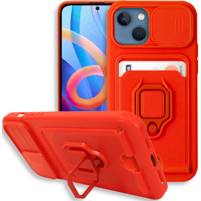 Bodycell Multifunction - Ανθεκτική Θήκη Apple iPhone 13 με Λουράκι Λαιμού / Κάλυμμα Κάμερας / Ring Holder / Υποδοχή Κάρτας - Red